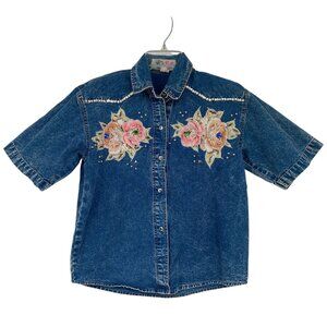 Vintage Pret Denim Shirt Blue 80s 90s Acid Wash Embroidered Roses Bedazzled